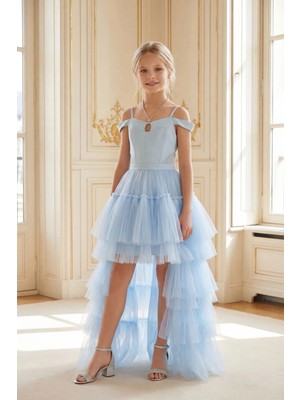 Butik Happy Kids Kız Çocuk Kuyruklu Bebe Mavi Tül Abiye Elbise  Omuz ve Taş Kordon Detaylı Krep Üst Kat Kat Tül Prenses Model 10-15 Yaş
