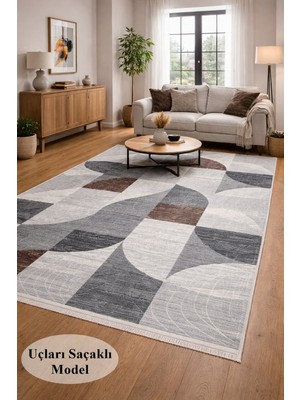 NarStore Home Kaymaz Taban Saçaklı Gri Kahve Modern Yıkanabilir Salon Mutfak Koridor Yolluk Halı