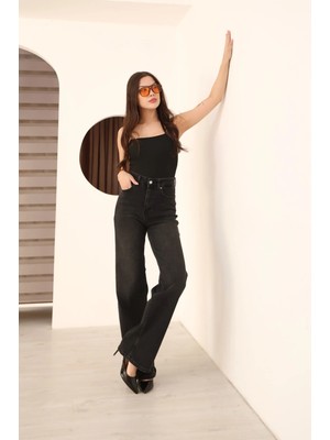 Kadın Yüksek Bel Yıkama Dökümlü Palazzo Jean Kot Pantolon