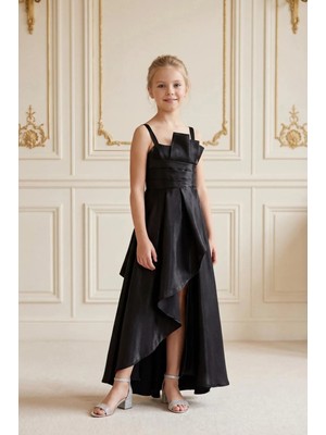 Butik Happy Kids Kız Çocuk Abiye Siyah Uçuş Uçuş Monaray Kumaş  Asimetrik Kesim  Prenses Model Yırtmaçlı Abiye Elbise 10-15 Yaş