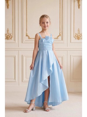 Butik Happy Kids Kız Çocuk Abiye Bebemavi Uçuş Uçuş Monaray Kumaş  Asimetrik Kesim  Prenses Model Yırtmaçlı Abiye Elbise 10-15 Yaş