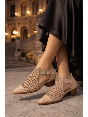 Defne Shoes Silva Kadın Lazer Kesim Bilekten Tokalı Topuklu Süet Ayakkabı Günlük Şık Stil Delikli