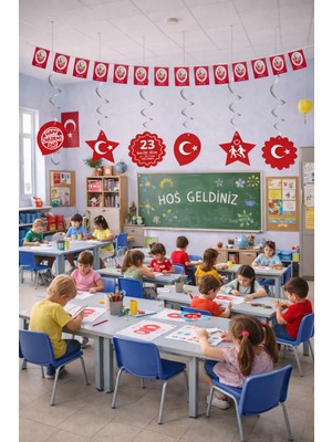 Okavango 23 Nisan Süsü 50'li Mini İpli Bayrak Baskılı Bayrak Seti ve 23 Nisan Sarkıt