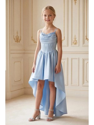 Kız Çocuk Abiye Buz Mavisi Prenses Kuyruklu Club Saten Genç Kız Abiye Elbise 10-15 Yaş