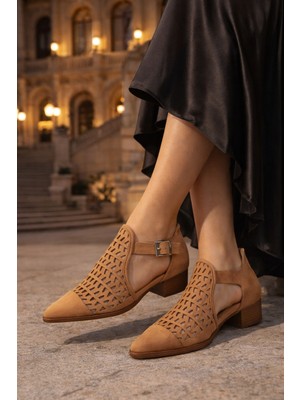 Defne Shoes Silva Kadın Lazer Kesim Bilekten Tokalı Topuklu Süet Ayakkabı Günlük Şık Stil Delikli