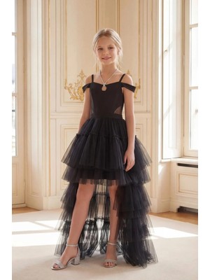 Butik Happy Kids Kız Çocuk  Kuyruklu Siyah Tül Abiye Elbise  Omuz ve Taş Kordon Detaylı Krep Üst Kat Kat Tül Prenses Model 10-15 Yaş