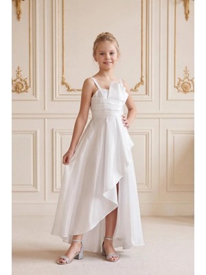 Butik Happy Kids Kız Çocuk Abiye Beyaz Uçuş Uçuş Monaray Kumaş  Asimetrik Kesim  Prenses Model Yırtmaçlı Abiye Elbise 10-15 Yaş