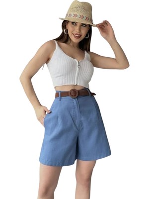 Lims Store Rahat Kesim Kemerli Mom Şort-Açık Mavi