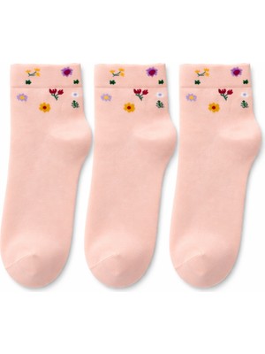 QUALITY WALKING 3'lü Kadın Dikişsiz Çiçek Desenli Bambu Çorap Ipeksi His Günlük Şık Çorap