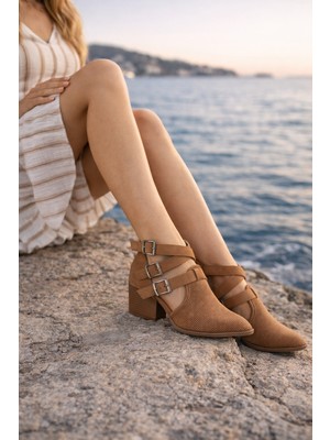 Defne Shoes Nora Tokalı Kalın Topuklu Günlük Süet Kadın Ayakkabı Delikli Rahat Şehir Stili