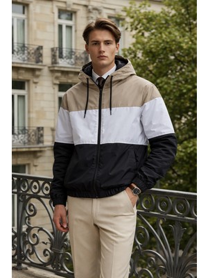 Damga Erkek Trend Desenli Fermuarlı Beyaz Yağmurluk & Rüzgarlık