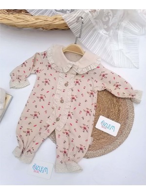 Bebezade Güpür Bebe Yaka Çiçek Baskılı Tulum Sütlü Kahve