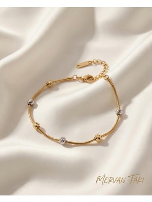 Mervan Takı Altın Renk Top Detaylı Ayarlanabilir Paslanmaz Çelik Kadın Bileklik