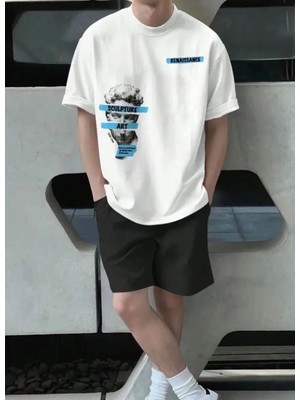 Punix Özel Seri Sculpture Baskılı Büyük Beden %100 Pamuk Yeni Trend Battal Erkek T-Shirt Şort Takımı