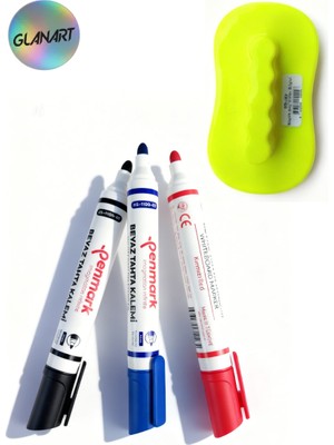Glanart Kolay Silinebilir 3 Renk Tahta Kalemi Seti Board Marker Seti + Keçe Tabanlı Tahta Silgisi
