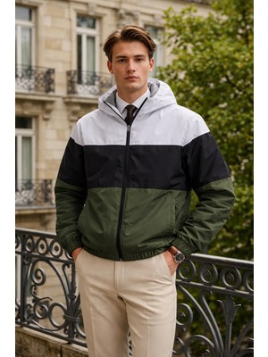 Damga Erkek Trend Desenli Fermuarlı Siyah Yağmurluk & Rüzgarlık