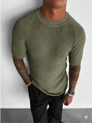 Elku Moda Erkek Slim Fit Fitilli Triko Tişört Dar Kesim Çizgili Örme Yazlık T-Shirt Old Mony Stil