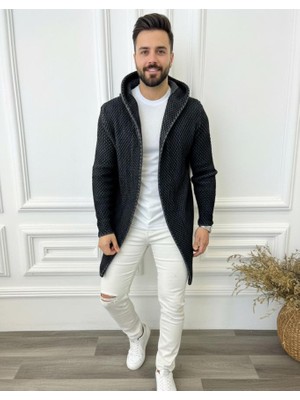 Elku Moda Erkek Siyah Füme Kapüşonlu Triko Hırka - Petek Örgü Detaylı Füme Uzun Hırka