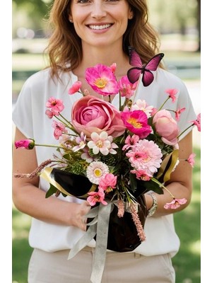 Pembe Kır Çiçeği Yapay Çiçek Aranjmanı Cam Vazoda Dekoratif