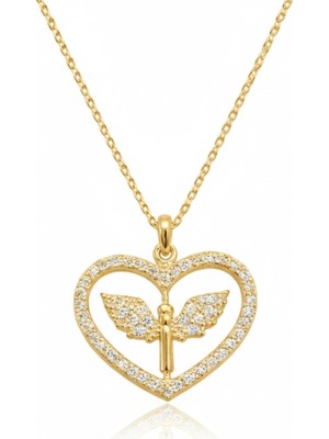 Gümüş Gold Mikail Meleği Figürlü Kalp Kadın Kolye