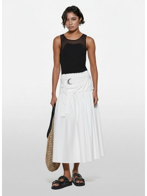Sisley %100 Pamuk Beli Lastikli Kemerli Pileli Uzun Etek Kadın Beyaz Etek - 325P4XUCL002Q