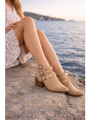 Defne Shoes Nora Tokalı Kalın Topuklu Günlük Süet Kadın Ayakkabı Delikli Rahat Şehir Stili