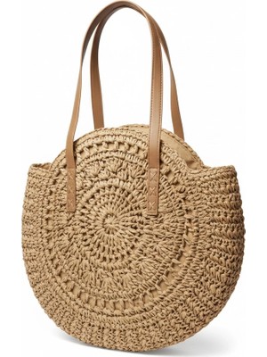 Gullfoss Kadın Bej Yuvarlak Hasır Çanta - Deri Saplı El Örgüsü Omuz Çantası