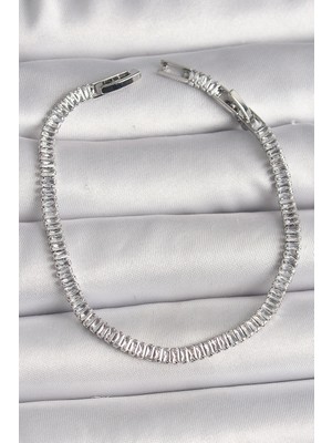 MiraLive Pirinç Gümüş Renk Zirkon Taşlı Su Yolu Model Kadın Bileklik