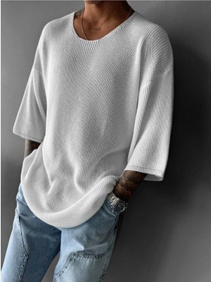 Elku Moda Erkek Premium Oversize Triko Örme Tişört Salaş Kesim Yazlık Mevsimlik Bisiklet Yaka Bluz