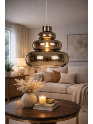 Mars Concept Modern Cam Sarkıt Avize – Füme 3 Katlı Dekoratif Krom Cam Tavan Aydınlatması