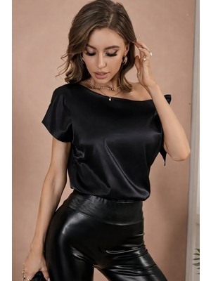 Stilvibe Kadın Tek Omuz Detaylı Saten Bluz