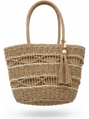 Gullfoss Kadın Hasır Örgü Plaj Çantası - Püskül Detaylı Geniş El ve Omuz Çantası