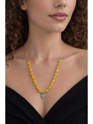 Doğal Taş Kolye Fatıma Ana Eli Uçlu Altın Detaylı El Yapımı Şık Kadın Kolye