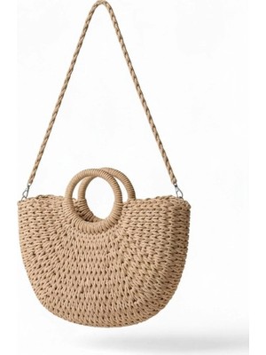 Gullfoss Kadın Bej Hasır Örgü El ve Omuz Çantası - Askılı Yarım Ay Bohem Çanta