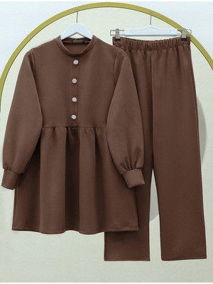 Moda Morfo Parçalı Taşlı Düğme Detaylı Skuba Takım  -Kahve
