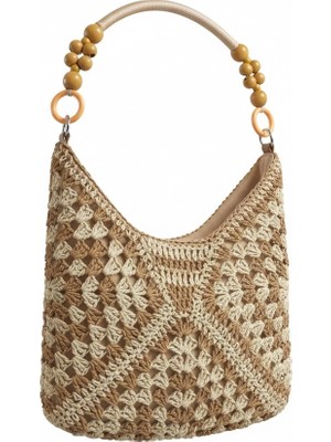 Gullfoss Kadın Bej El Örgüsü Omuz Çantası - Içi Astarlı ve Cepli Bohem Hasır Çanta