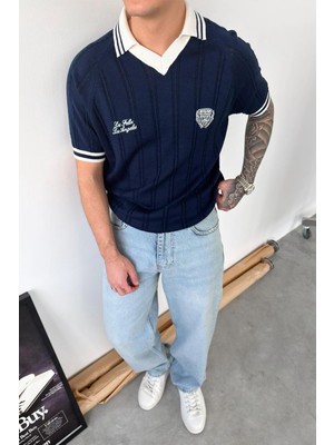 HAFKA Lacivert Los Feliz Nakışlı Polo Yaka Tişört