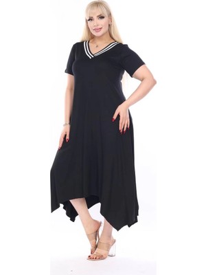 ModaSehle Kadın Büyük Beden Viskon Kumaş V Yaka Şeirtli Kısa Kollu Asimetrik Elbise