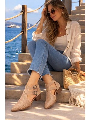Defne Shoes Mira Kadın Çift Toka Süet Ayakkabı Kısa Topuk Perfore Detay Rahat Kalıp Lazer Kesim Arkadan Fermuar