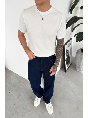 HAFKA Ekru Basic Bisiklet Yaka Triko Relaxed Tişört