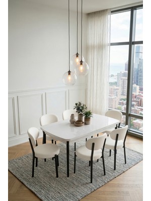 Deren Home Pufy Serisi 80X130 Açılabilir Masa +6 Adet Silinebilir Sandalye Masa Takımı