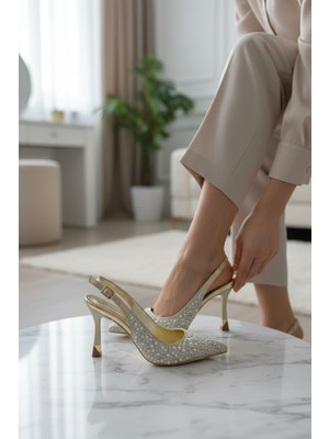 Enoch Kadın Sivri Burun Özel Inci ve Işıltı Detaylı Yüksek Kadeh Topuklu Arkası Açık Gelinlik Ayakkabısı