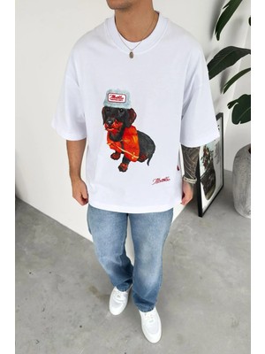 HAFKA Beyaz Cap Dog Baskılı Premium Oversize Tişört