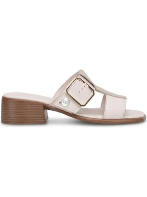 Mammamia D26YT-6110 Kadın Hakiki Deri Topuklu Terlik Krem