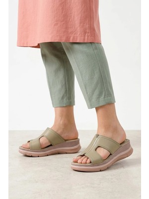 Ayakkabı Fuarı Elit KOC2565 Kadın Hakiki Deri Düz Terlik Yeşil