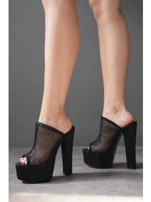 Ayakkabı Ateşi Siyah Süet Siyah File Desenli Yüksek Kalın Topuklu Kadın Terlik Simsi