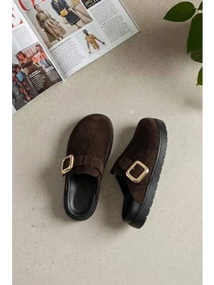 Ayakkabı Fuarı Elit ZYN4000 Kadın Hakiki Deri Tokalı Sabo Terlik Kahverengi