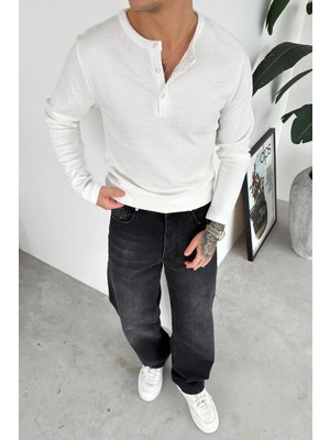 HAFKA Beyaz Müslin Kumaş Düğmeli Yaka Relaxed Uzun Kollu Tişört