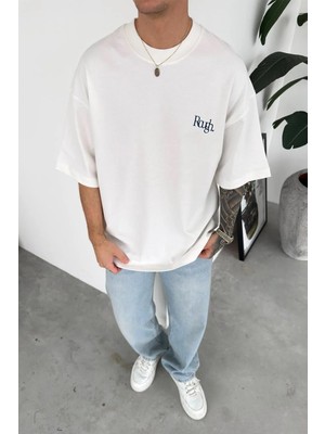 HAFKA Beyaz Etnik Desen Baskılı Premium Oversize Tişört