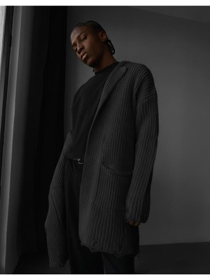 Elku Moda Premium Oversize Selanik Örgü Erkek Hırka - Kapüşonlu Bornoz Yaka Uzun Triko Hırka